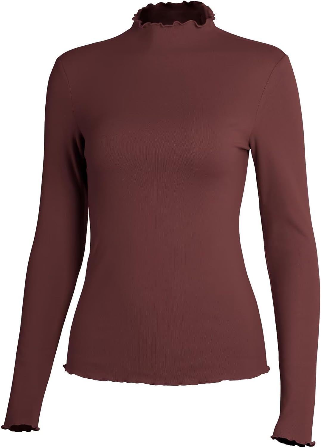 Womens Mock Neck Long Sleeve Tops Slim Fit Lettuce Trim Shirt Ribbed Turtleneck Thermal Undershirt - Image 2