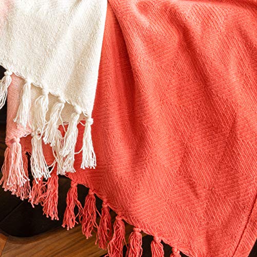 Refinery29 | Riley Collection | Premium Cotton Textured Throw Blanket, Modern Dip Dye Fringe Design For Luxury Home Décor (50 X 70, Coral) #TOP1