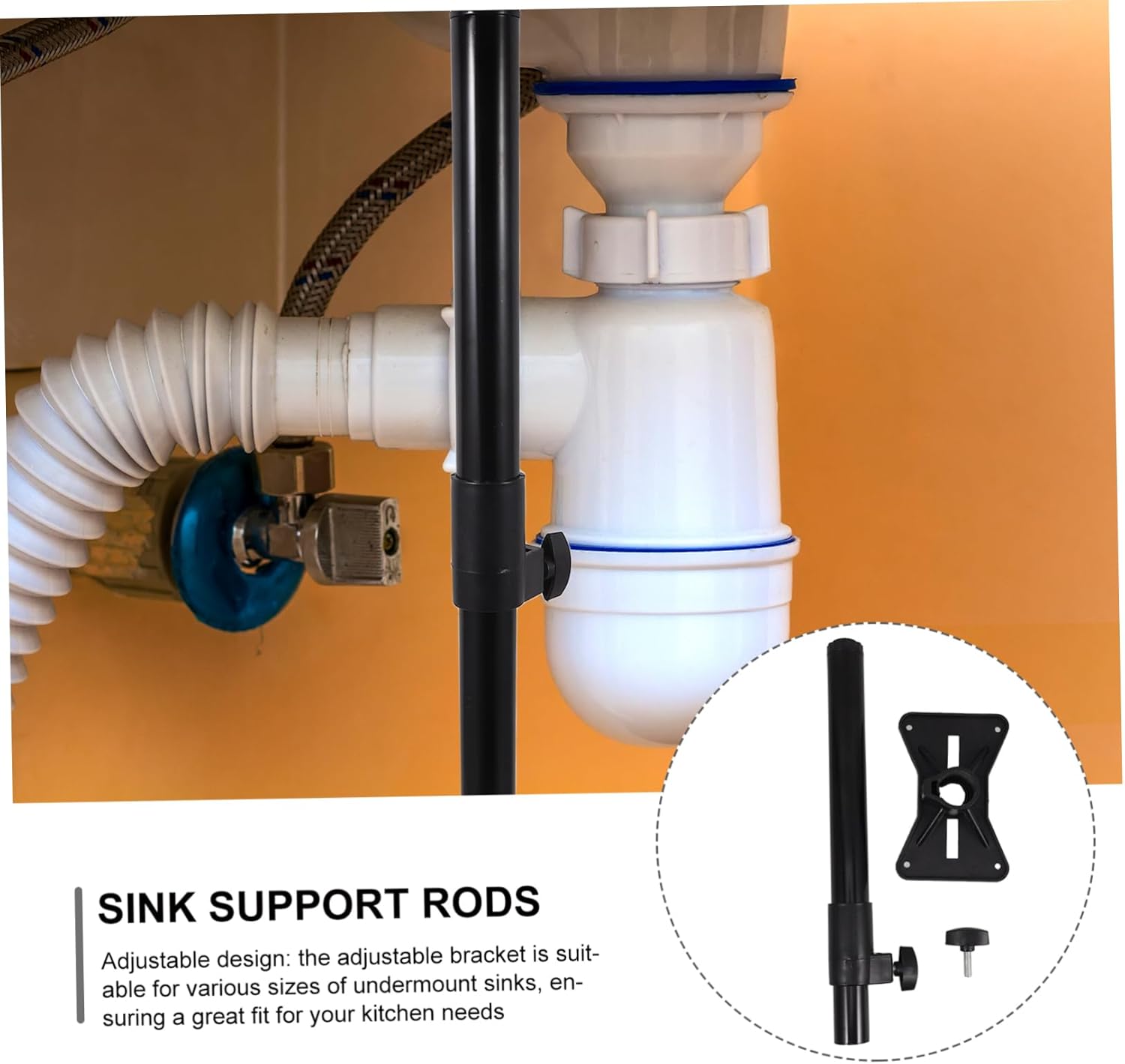 2pcs Adjustable Black Support Brackets for Undermount Sinks Heavy Duty Kitchen Sink Installation Kit Space-Saving Design Easy to Install Fits Basins