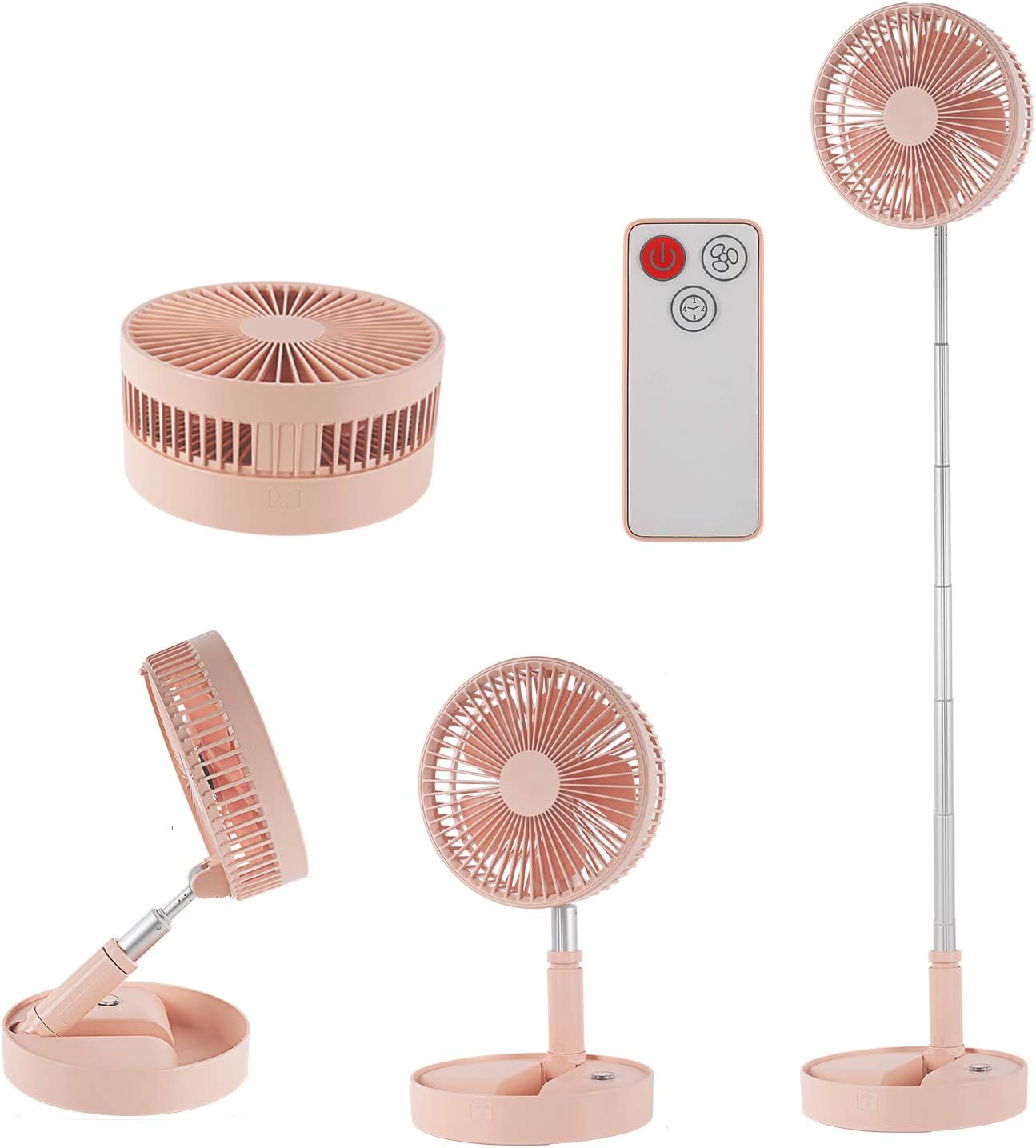 Height Adjustable Folding and Portable Fan Rechargeable Battery Operated Fan with 4 Speeds Strong Wind Mini Fan for Home Office Travel, Camping, Battery Powered Fan, Car Fan 7200mAh(5-24h)-Pink