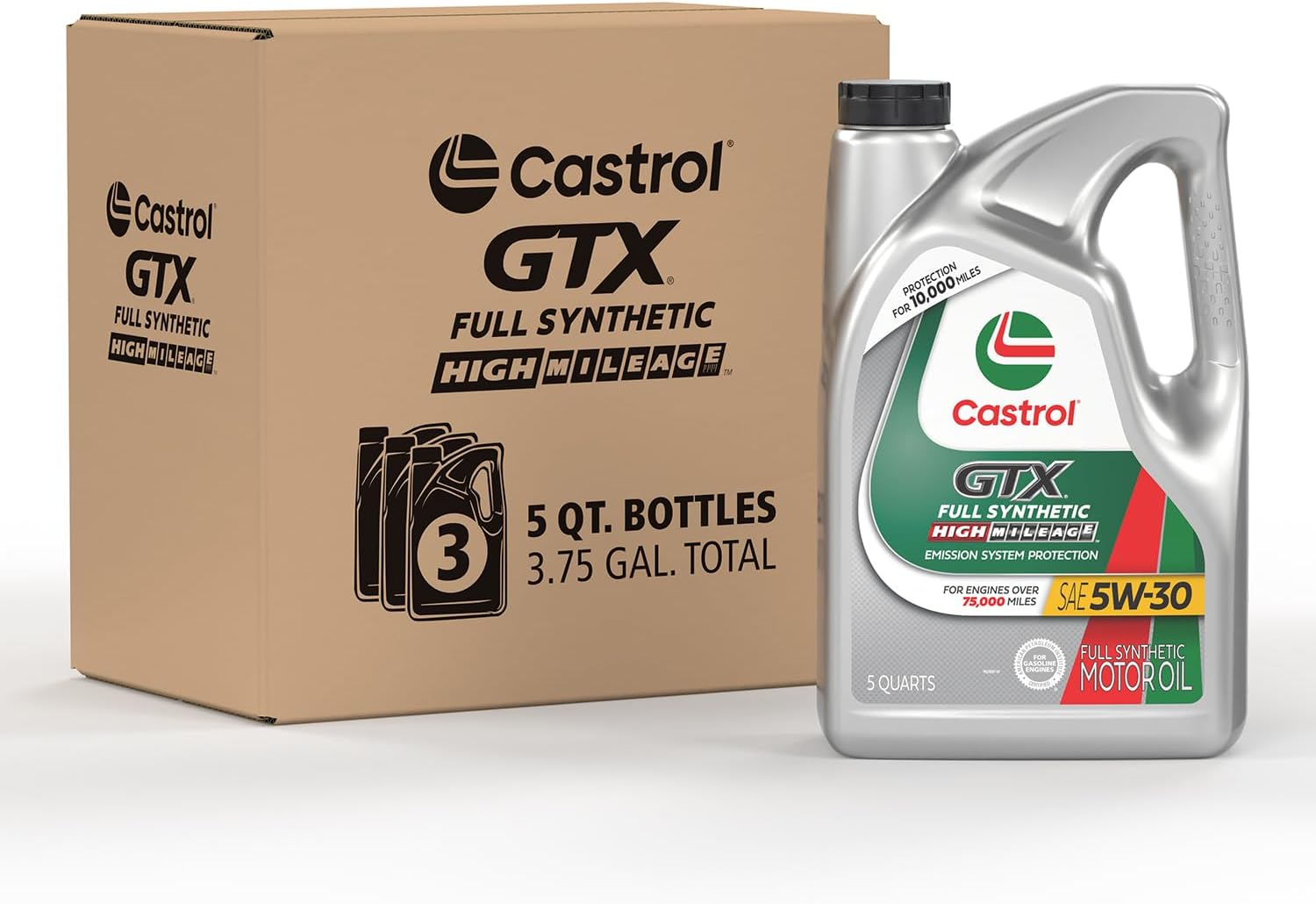 Castrol GTX Full Synthetic High Mileage 5W-30 Motor Oil, 5 Quart, Pack of 3