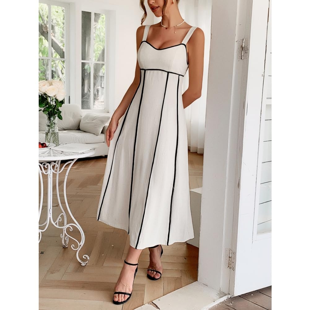Maxi abito da donna senza spalline con scollo a V, a vita alta, linea nera, abito estivo casual