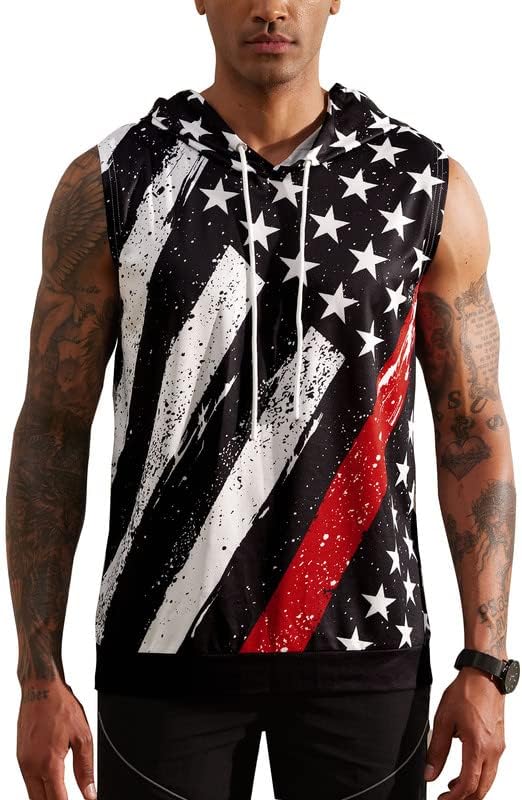Arvilhill Men's 4th of July Hooded Tank Tops American Flag Sleeveless Shirts Patriotic Muscle Cutoff Shirt (S-XXL)