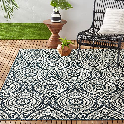 Nicole Miller New York Patio Country Zoe Moroccan Damask IndoorOutdoor Area Rug Navy BlueIvory 52×72