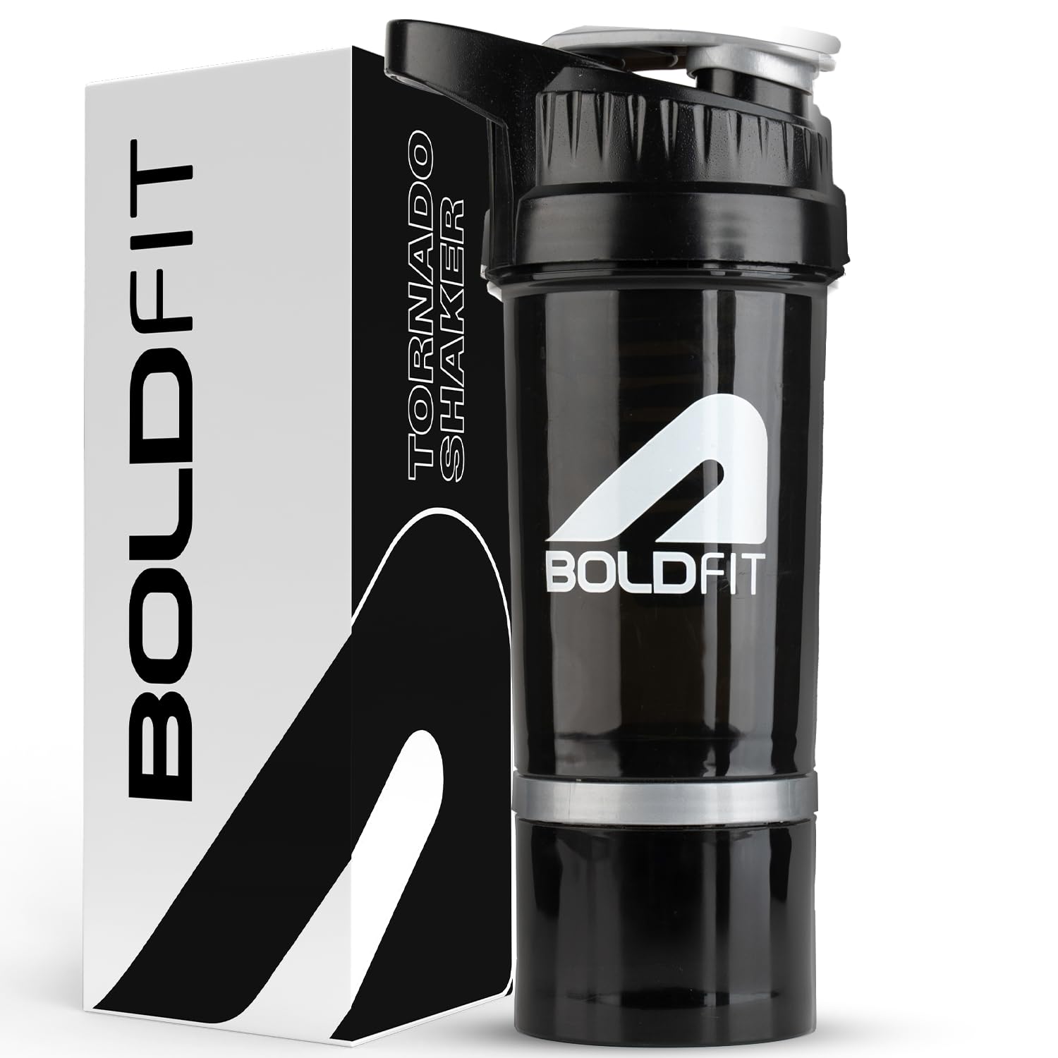 Boldfit Gym Shaker For Protein Shake Leakproof Shaker Bottles For Supplements With Extra Compartment, Pre-Workout & BCAA, Protein Shake Bottle, Gym Bottle For Men And Women Black - 500 ml