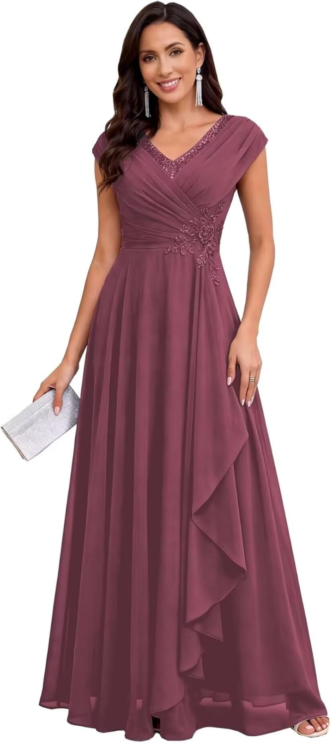 Pleated Mother of The Bride Dresses for Women Chiffon Sequin with Lace Appliques Formal Evening Dress