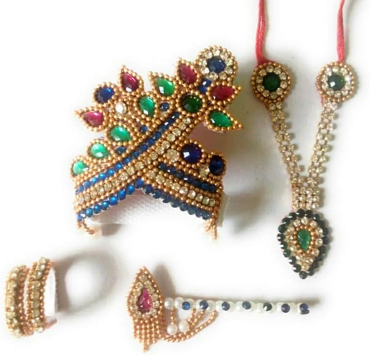 Futurez Key� Laddu Gopal Shringar Accessories Combo Set 1 Stone Studded Mukut, Haar, Pair of Kangan and Bansuri, Pack of 4, Size: 4-5 (Multi)