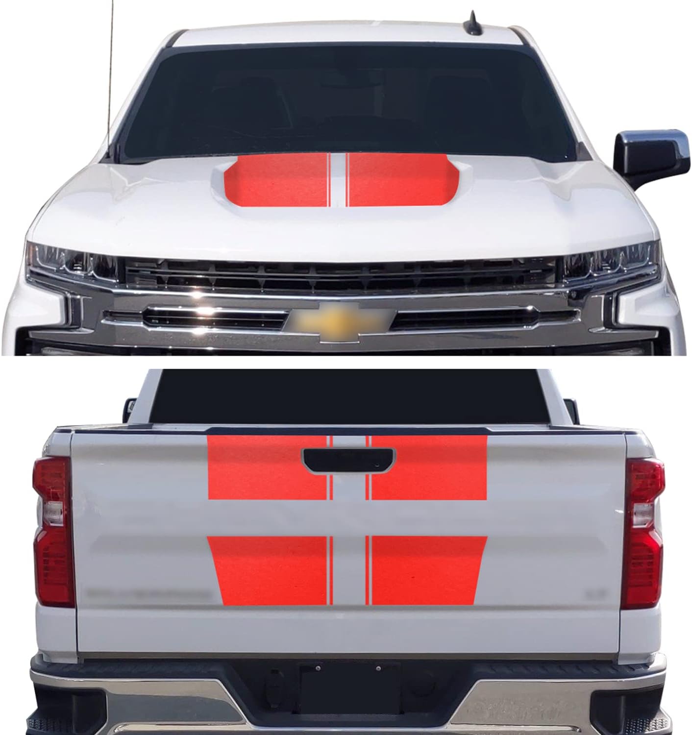 Gomu Hood & Tailgate Rally Style Stripes Graphic Overlay Pre Cut Vinyl Decal Compatible with Chevrolet Silverado 1500 2019-2021 - Matte Black