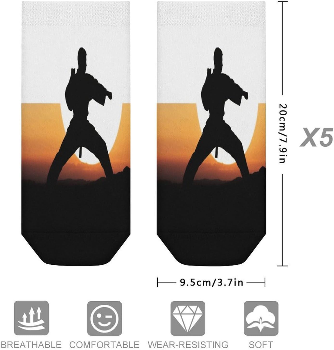 Socks for Men Women 5 Pairs Short Ankle Socks | Karate Silhouette Low Cut Casual Crew Sock Cute Breathable Athletic Socks Non Slip No Show Sock