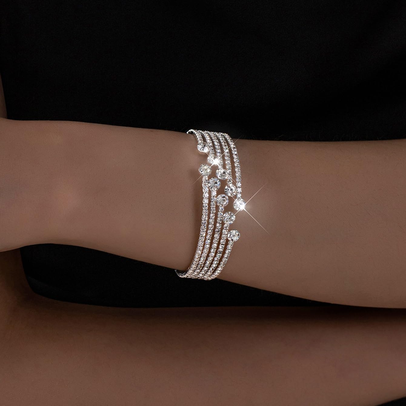 Rhinestone Cuff Bracelets for Women Dainty Silver Bracelet Stack Bling Crystal Stretch Bracelet for Party Prom Wedding - Image 5