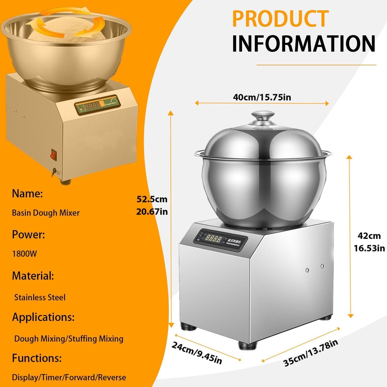 Impastatrice Commerciale 5/8 kg, Impastatrice Elettrica a Spirale da 1800 W con Timer, Impastatrice in Acciaio Inossidabile per Panetteria, Pizzeria e Ristorante 5kg