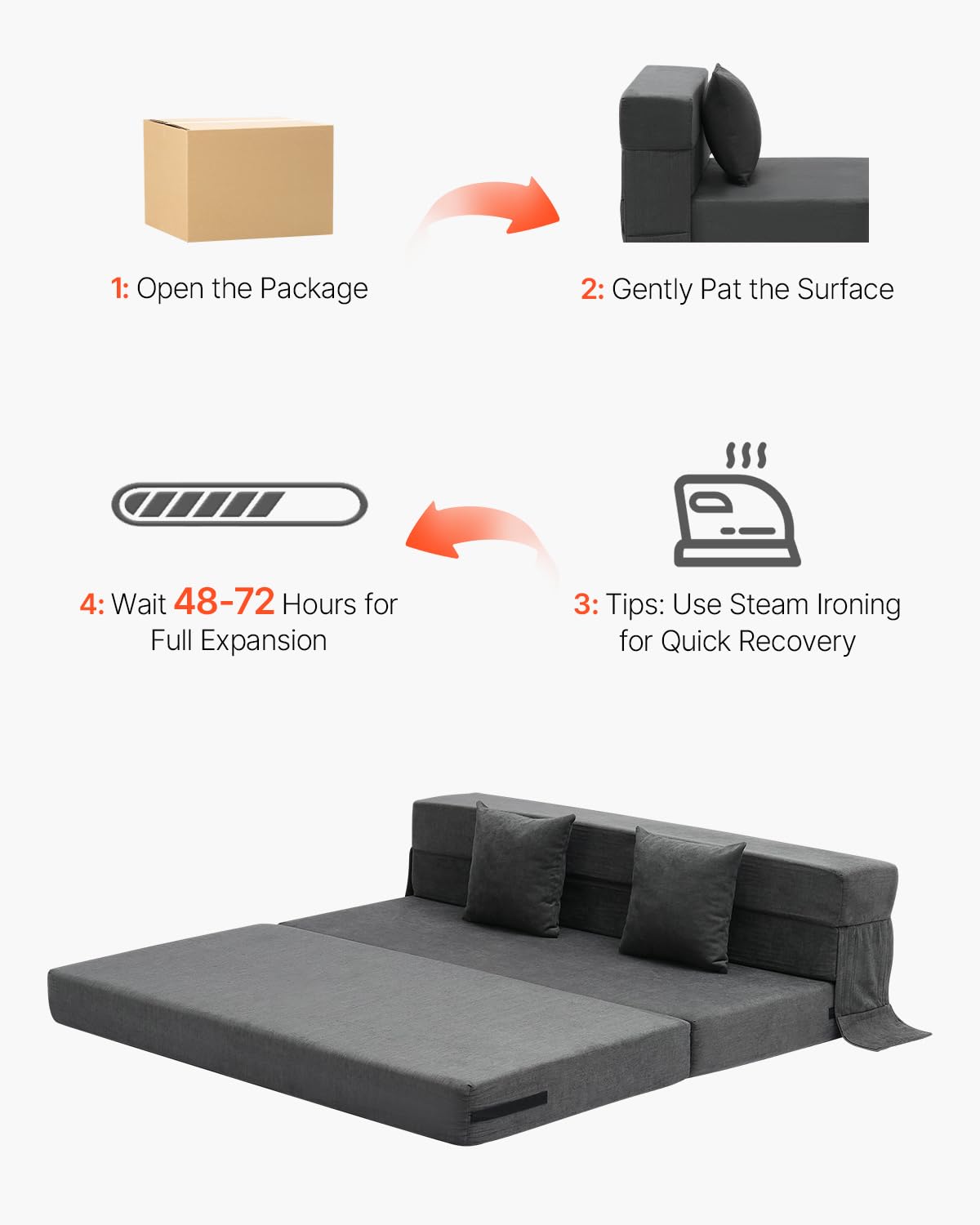 VEVOR Divano Letto Pieghevole con 2 Cuscini e Fodera Lavabile, Poltrona Letto Trasformabile in Memory Foam ad Alta Densità 25D, Divano Futon per Soggiorno, Camera da Letto, Grigio Scuro, Queen