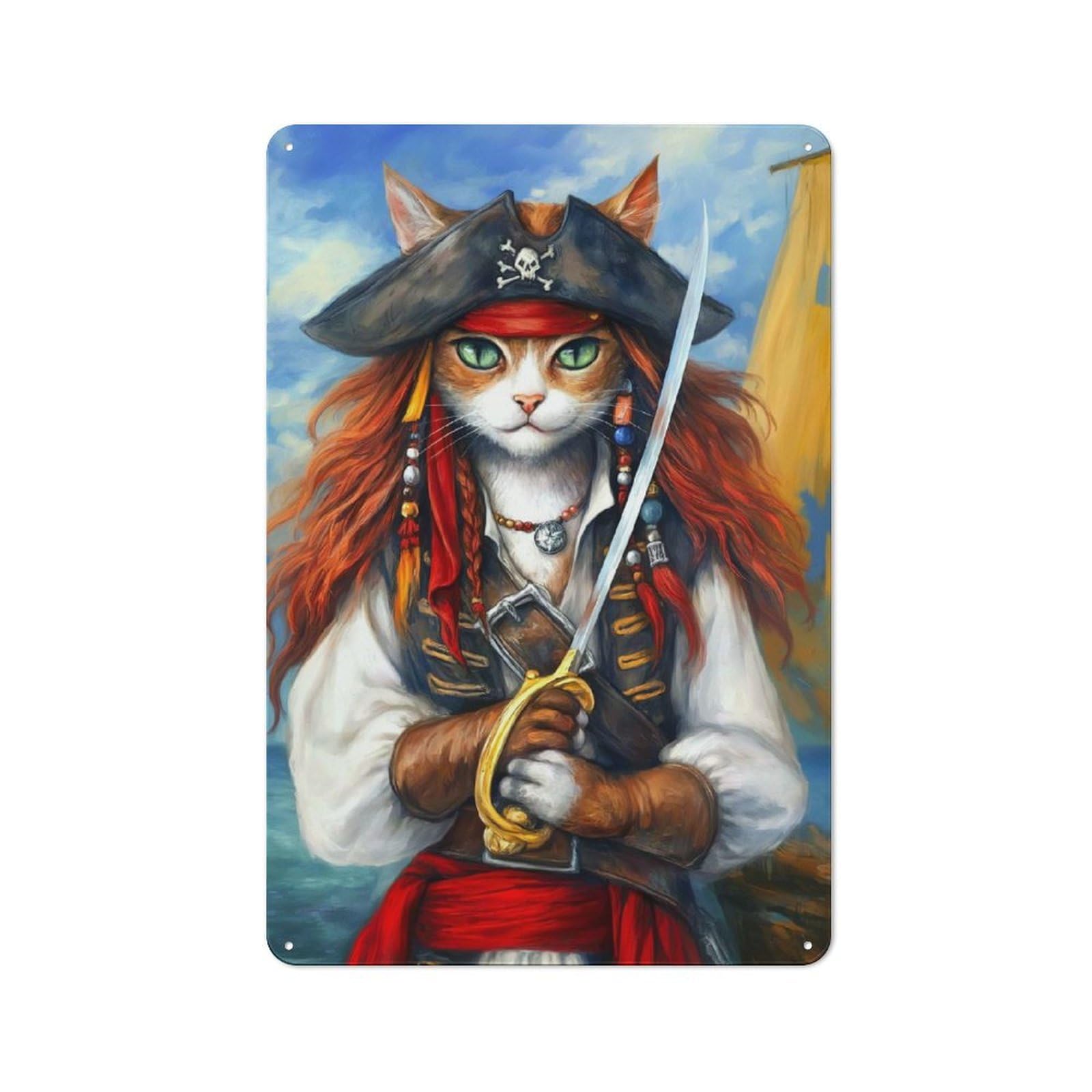 Junmoney Cat Pirate Captain Illustration Retro Tin Sign 30X20cm For Bar Or Restaurant, For Collectors Of Retro Metal Wall Decor