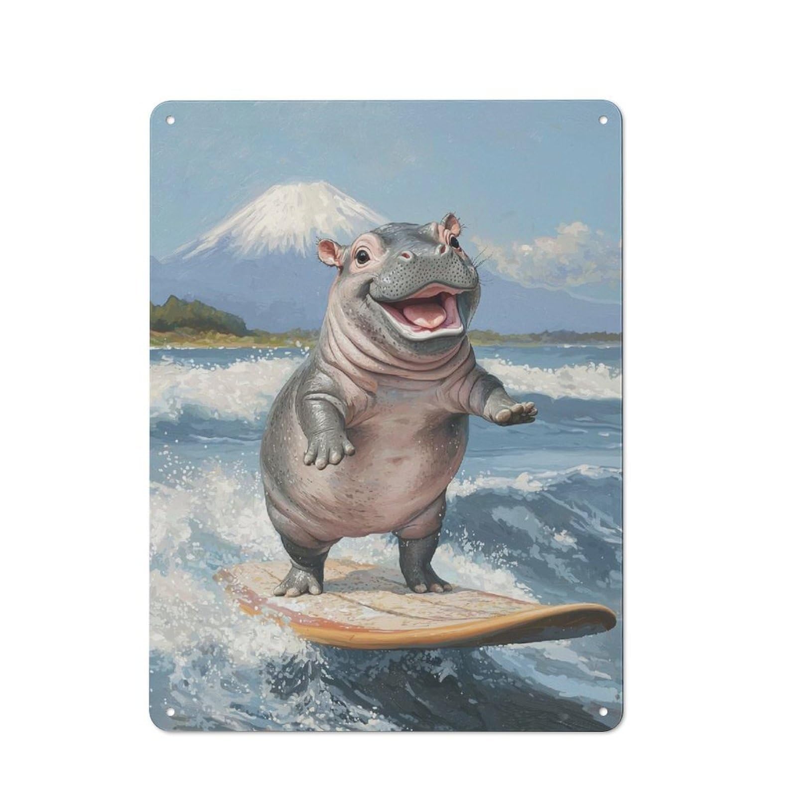 Junmoney Style-5 Smiling Hippo Surfing Tin Sign 40X30cm For Hallway Wall, Retro Wall Decor, Suited To New Home Decorators