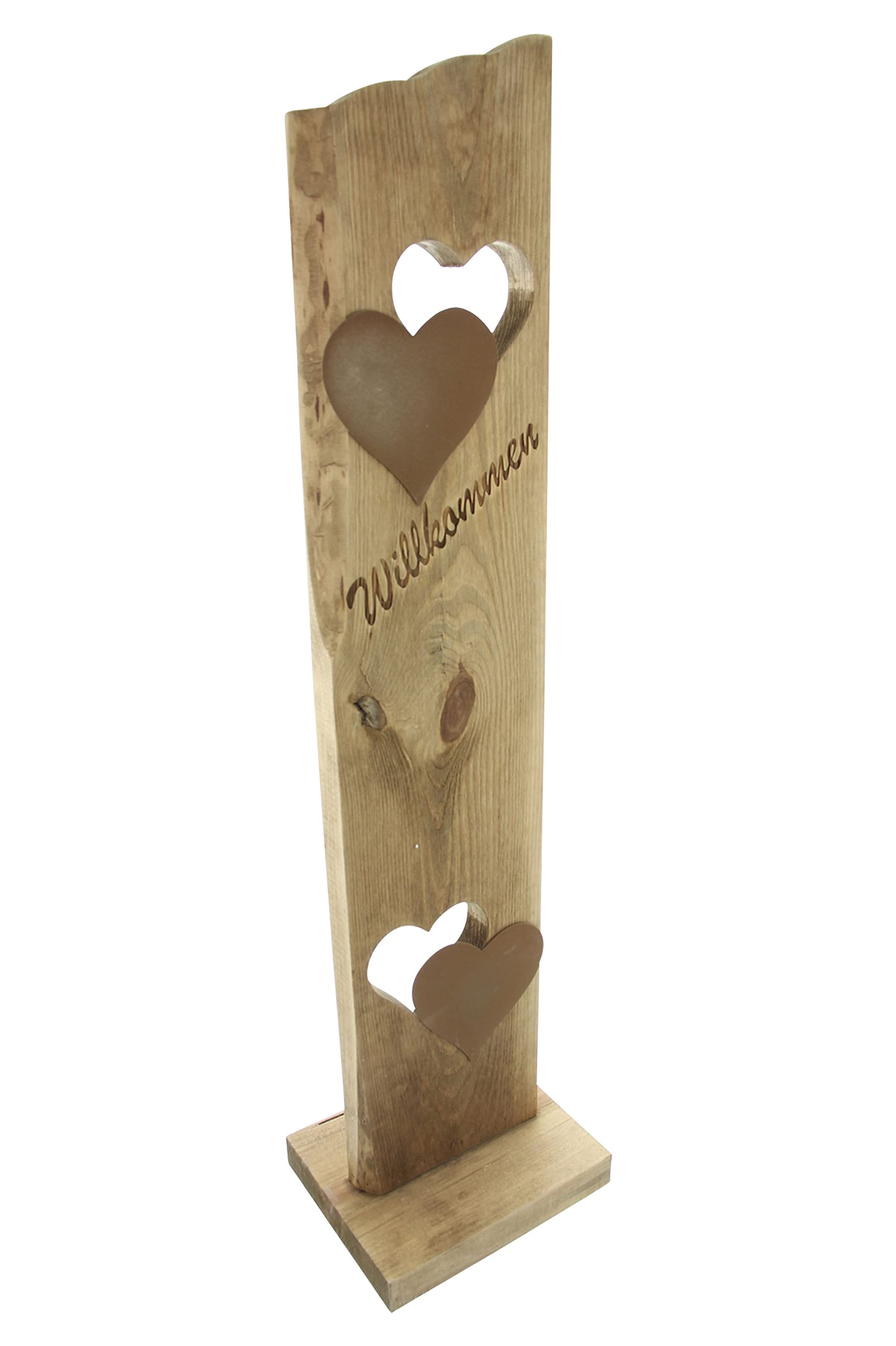 FRANK FLECHTWAREN Holzdeko, Willkomensschild, Dekosäule Willkommen, Holz in natürlichem Braunton, dekorative Metallherzen, Moderne Rostoptik, stabile Ausführung, Maße: Höhe 80 cm