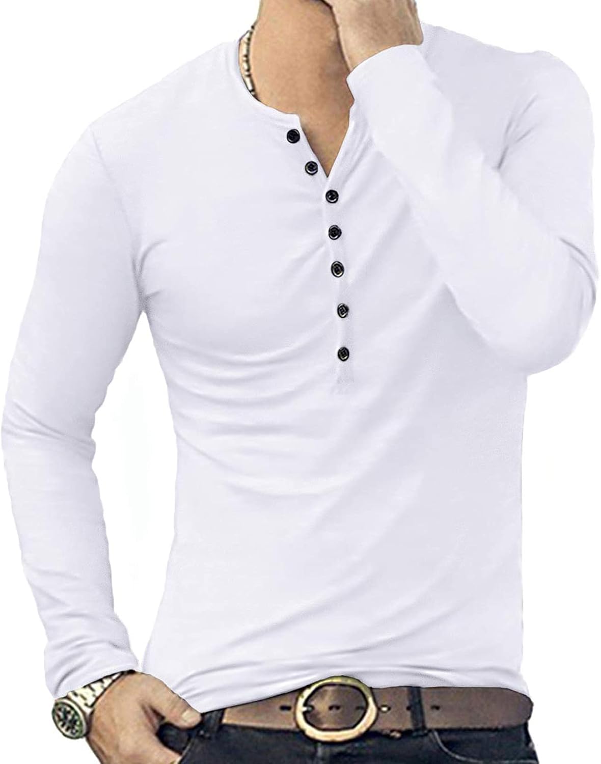 Lu's Chic Men's Long Sleeve Henley Shirt Soft T Shirt Crewneck Home Basic Fall Top