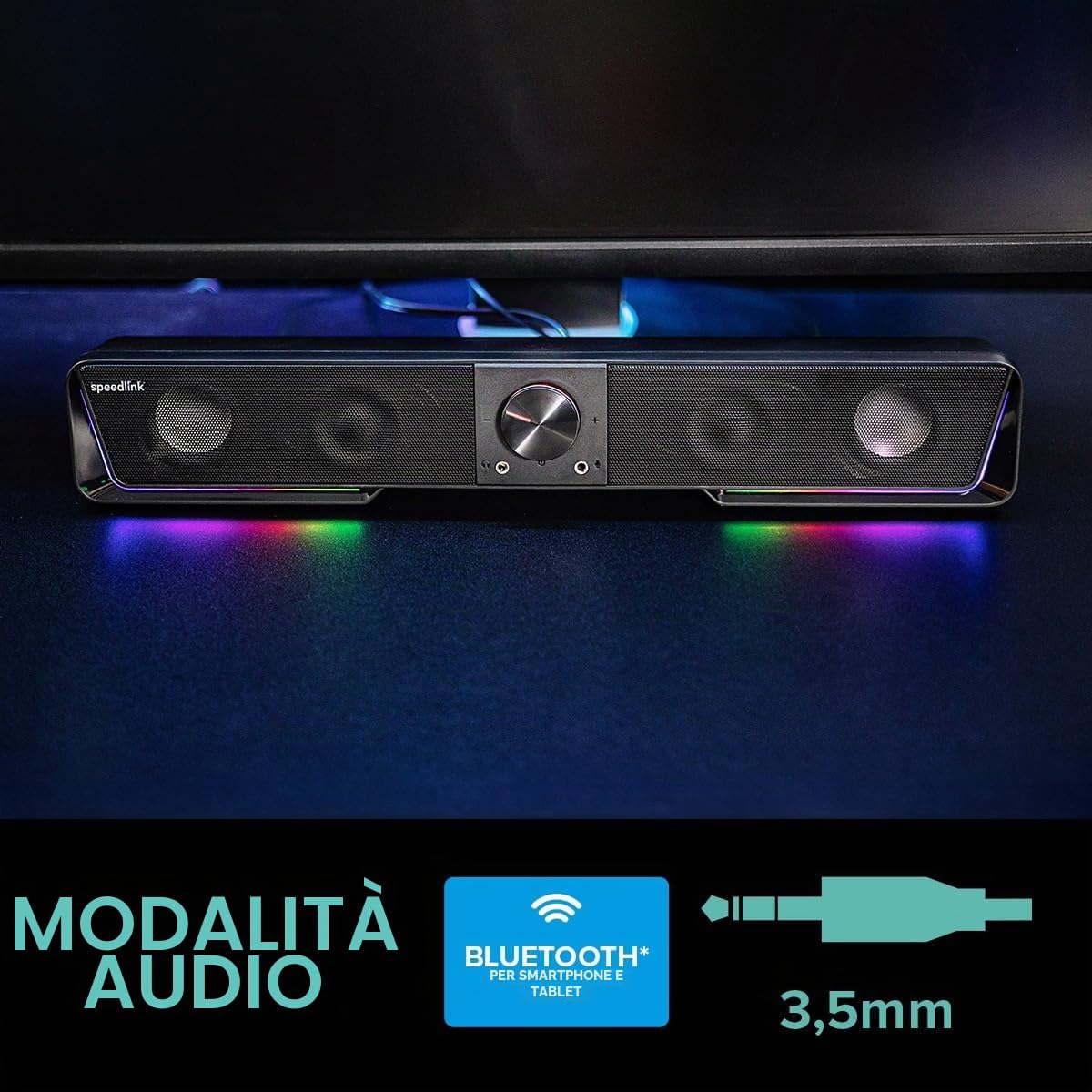 Speedlink Gravity RGB Stereo Soundbar - Altoparlante con connessione Bluetooth per smartphone/tablet - Illuminazione RGB - jack per cuffie e microfono, nero