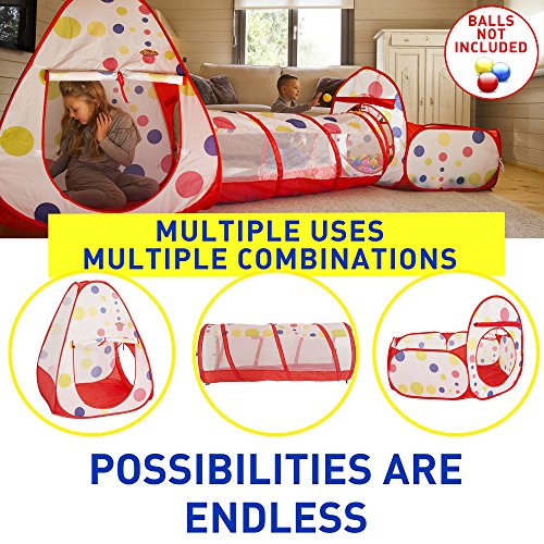 image for Kiddzery 3pc Kids Play Tent Crawl Tunnel and Ball Pit with Basketball 
