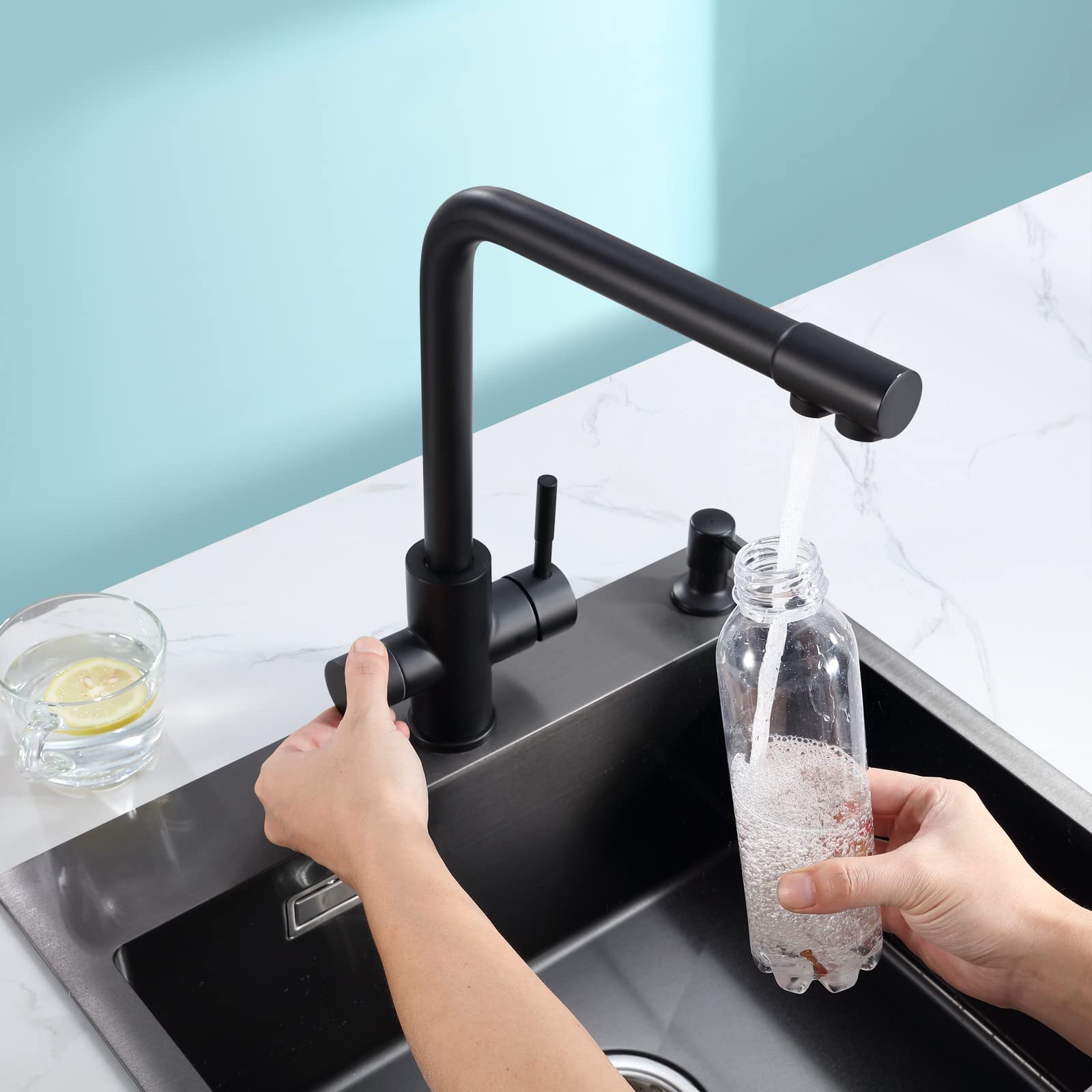 CECIPA Spülbecken Schwarz Anthrazit 60 * 45CM + 3 Wege Wasserhahn Küche, Spüle Küche mit Abtropfgestell und Siphon, Küchenspüle 1 Becken Eckig, Einbauspüle mit 2 HahnLöcher
