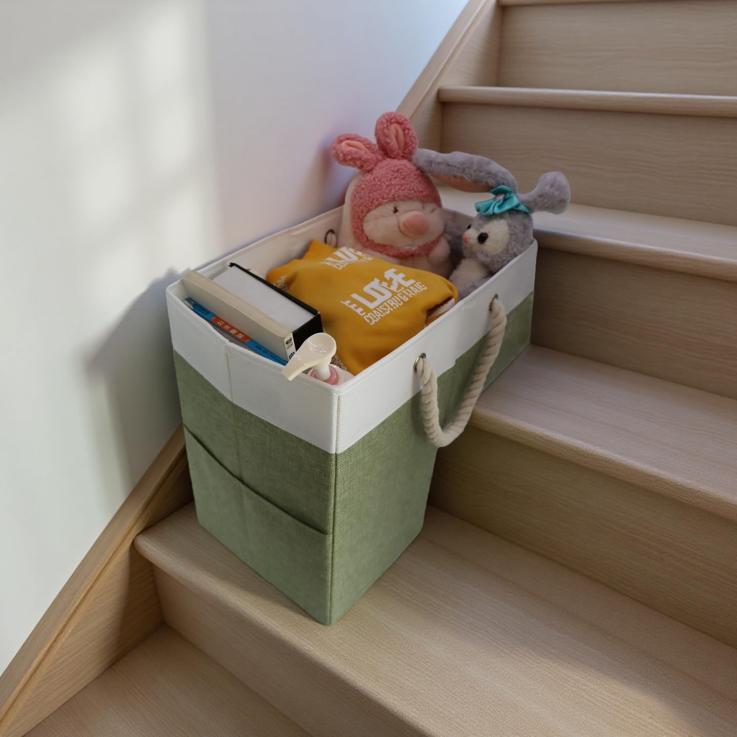 Collapsible Stair Basket with Handle for Wooden & Carpeted Stairs - 16" Premium Staircase Storage Organizer for Laundry, Toys, Books & Household Items