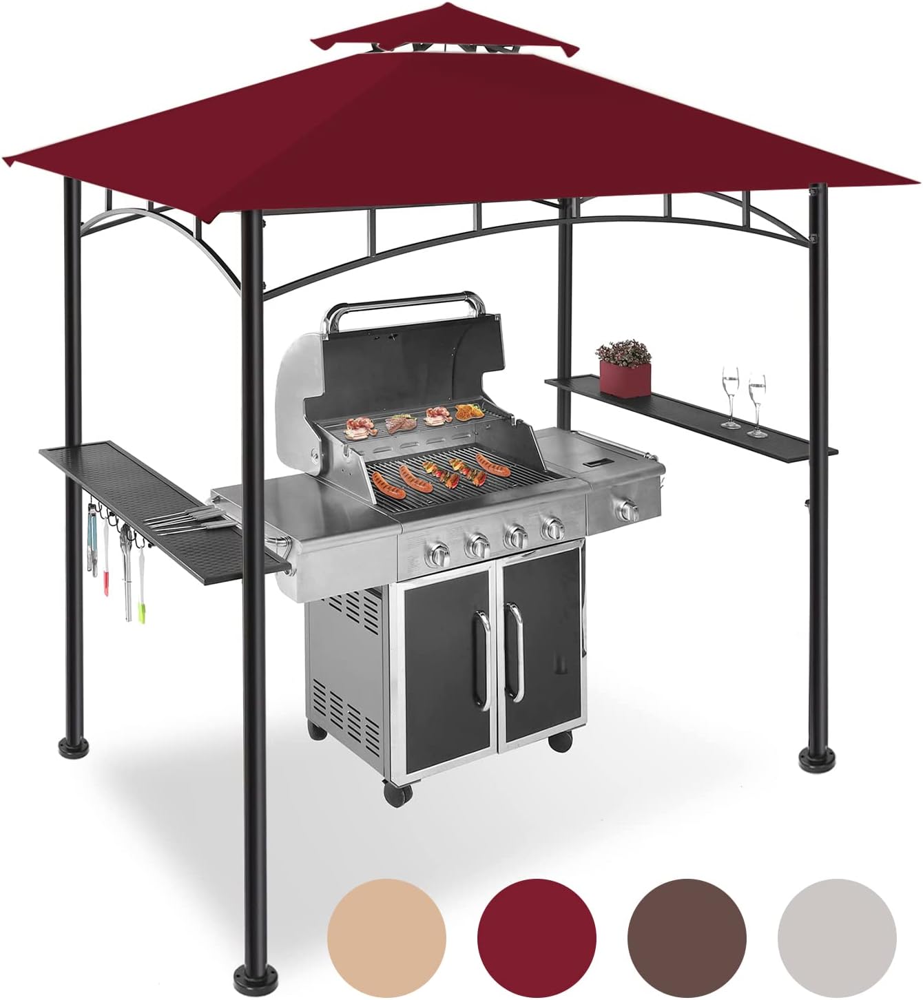 FAB BASED 5x8 Grill Gazebo, All-Weather Steel Construction, Double Tiered & Resistance Canopy Roof, Metal Serving Shelves, 2 LED and Bottle Opener for Patio, Backyard, BBQ (Burgundy)