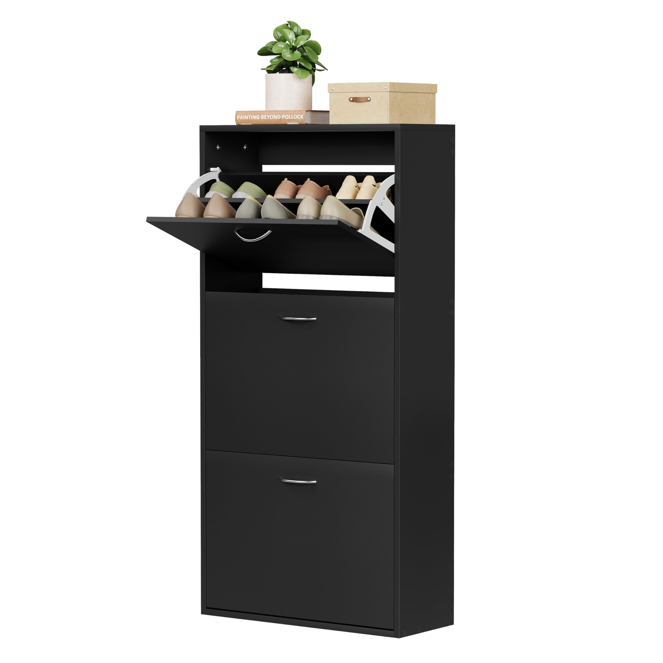 WOLTU Zapatero de Entrada, Armario de Zapatos con 3 Puertas Abatibles, Zapatero Estrecho de Recibidor Pasillo Salon, Estantes Ajustables, Capacidad 14-18 Pares, 58x23x118 cm, Negro | Para 14-18 pares de zapatos, adecuado para pasillos y salones, 58 x 23 x