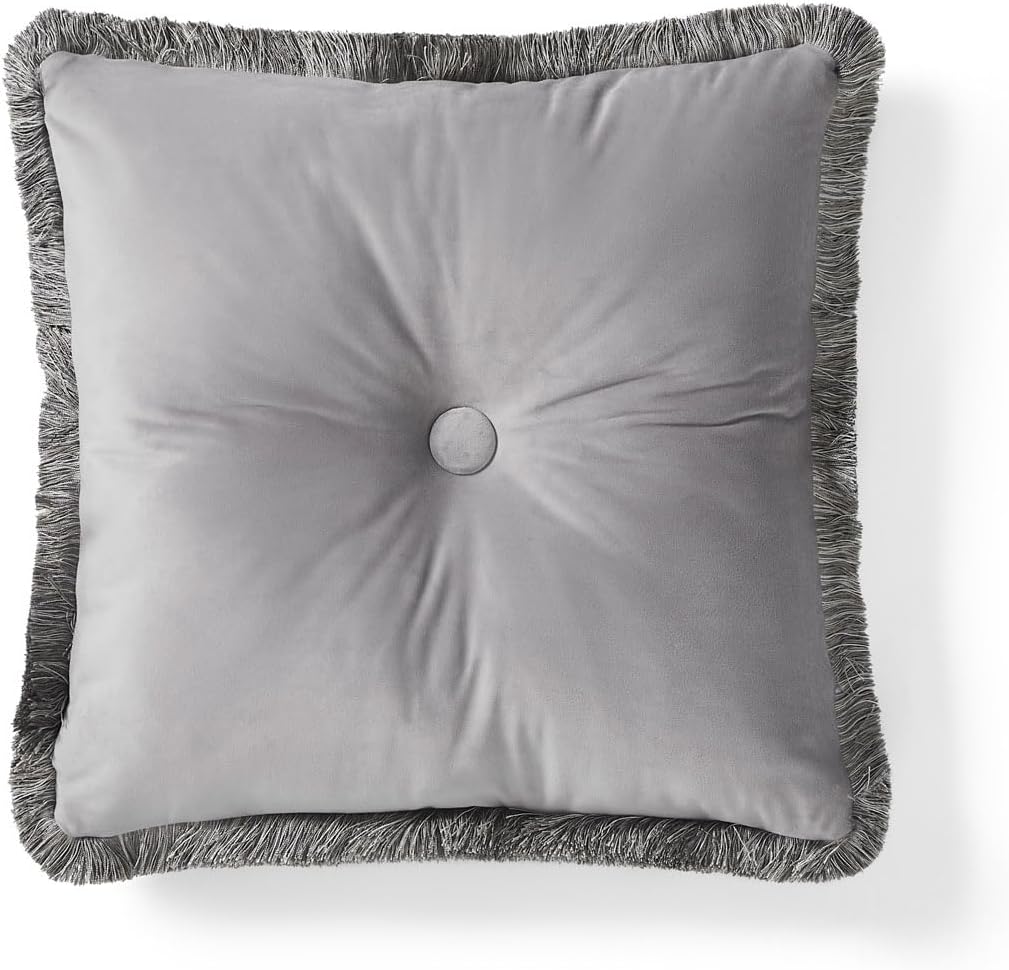 Austin Horn Classics Prestige Mitered 20x20 Decorative Throw Pillow - Platinum Accent Cushion with Button Center and Brushed Fringe Edge, Polyester Fiber Filled, Spot Clean Only