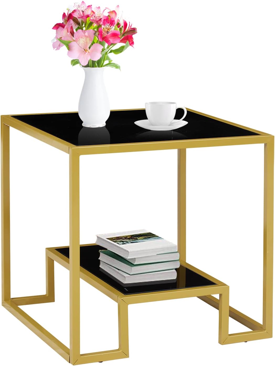 Kinsuite Accent End Table - Modern Brass Side Table with Storage Shelf, 2-Tier Tempered Glass Nightsrand for Living Room Bedroom Waiting Room, Black & Golden