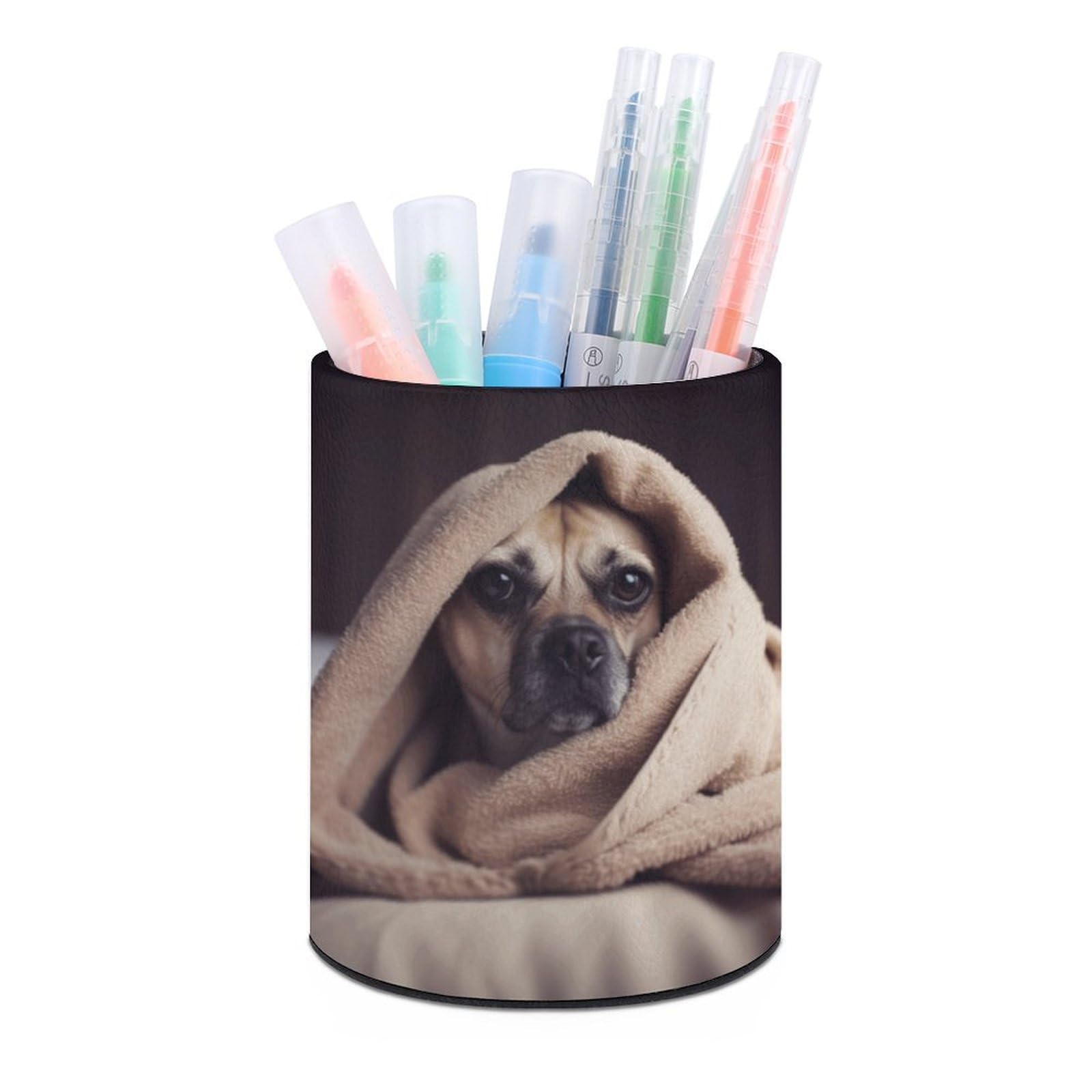 JTREHY Round Pen Holder,Dog in A Blanket Printed Makeup Brush Storage Box for Home Office Dressing Table