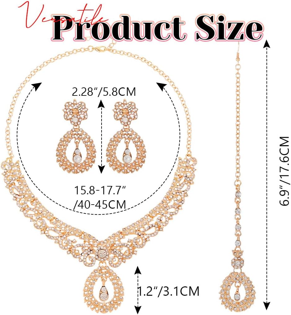 JEAIRTS Rhinestone Indian Bridal Jewelry Set Gold Crystal Necklace Earrings Maang Tikka Traditional Wedding Party Accessories for Women - Image 4
