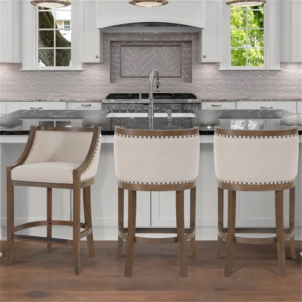 BOWERY HILL Oversized Bar Stool, Warm Brown Solid Hardwood Frame, 30-Inch Seat Height, Ivory Polyester Cushion, Transitional Style with Nail Head Accents and Metal Kick Plate, Bar Height Seating