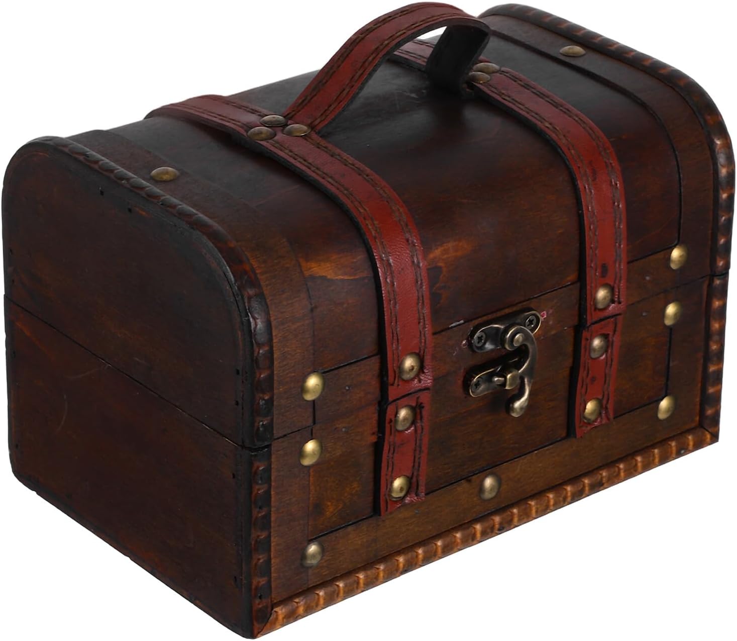 Vintage Small Wooden Pirate Treasure Chest Box with Lock, Handmade Decorative Storage Trunk for Home and Party, Dark Brown Tea Chest Organizer