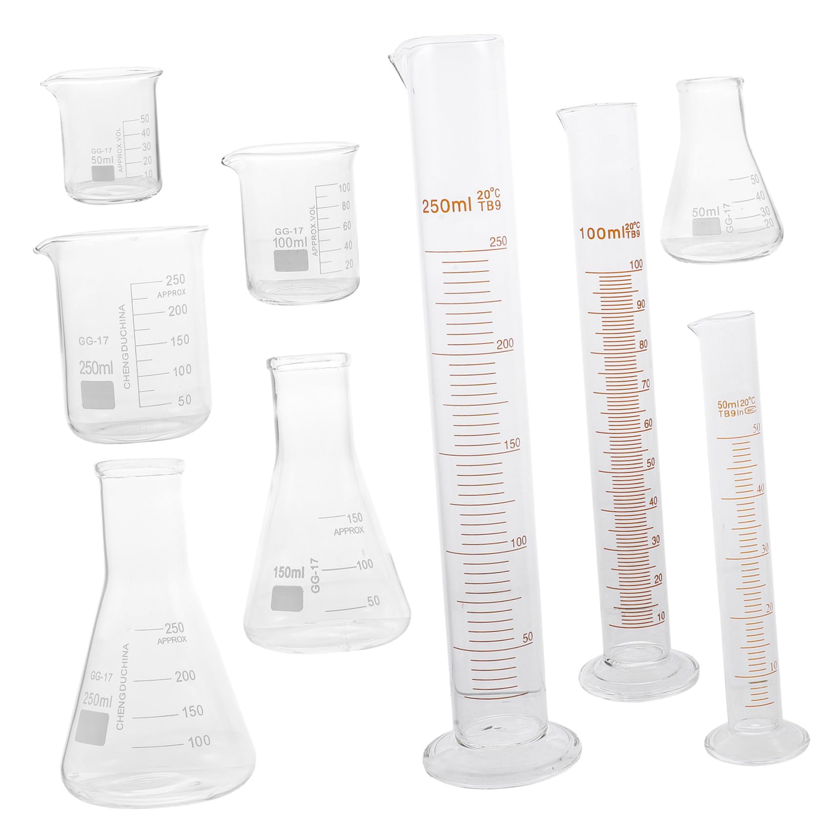 9piezas Material De Laboratorio Científico Vidrio Cilindro Graduado Vaso De Precipitado y Matraz Truncado Para Experimentos Químicos y Educativos