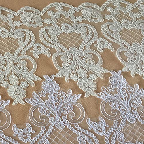1Yard 24Cm White Lace Fabric Wedding Dec. Ivory Lace Trim Cording Fabric Sequins Flower Mesh Lace Applique Sewing Craft #TOP2