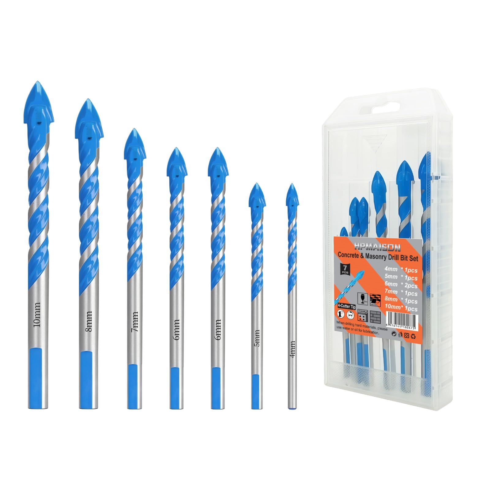 HPMAISON Concrete & Masonry Drill Bit Set, 7Pcs Four Cutting Edges Multi-Function Drill Bit