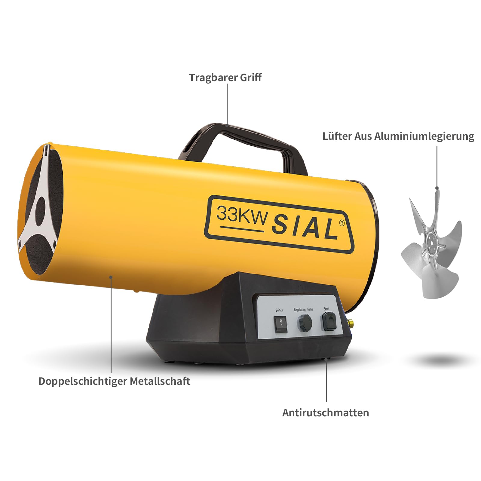 SIAL Calentador de Soplado de Gas Pistola Térmica de Gas Calentador Radiante de Gas Calentador de Radiación para Obra Soplador de Aire Caliente Interruptor Mecánico Encendido Piezo, Amarillo, 33KW
