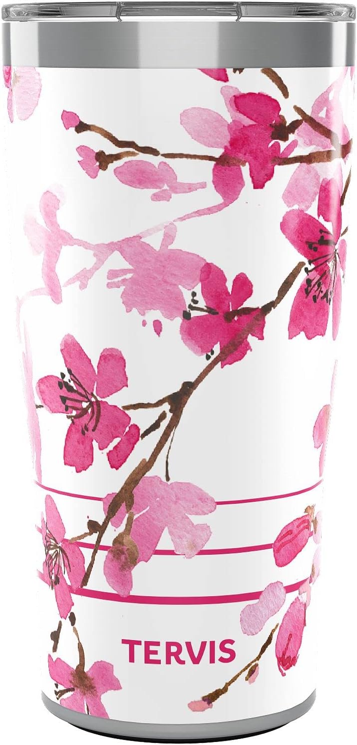 Tervis Traveler Sakura Japanese Cherry Blossom Triple Insulated Tumbler Travel Cup Keeps Drinks Cold & Hot, 20oz, Stainless Steel