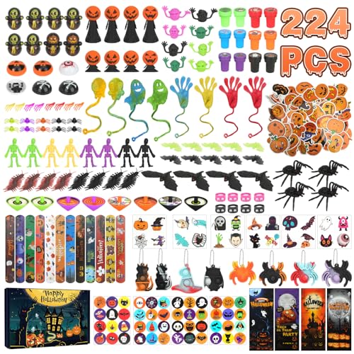 KOMABLEN 224 Pezzi Gadget Halloween Gadget Compleanno Bambini, Halloween Regalini Fine Festa Compleanno, Pignatta Pensierini per Bambini Dopo Festa Sacchetti Compleanno per Ragazzi e Ragazze