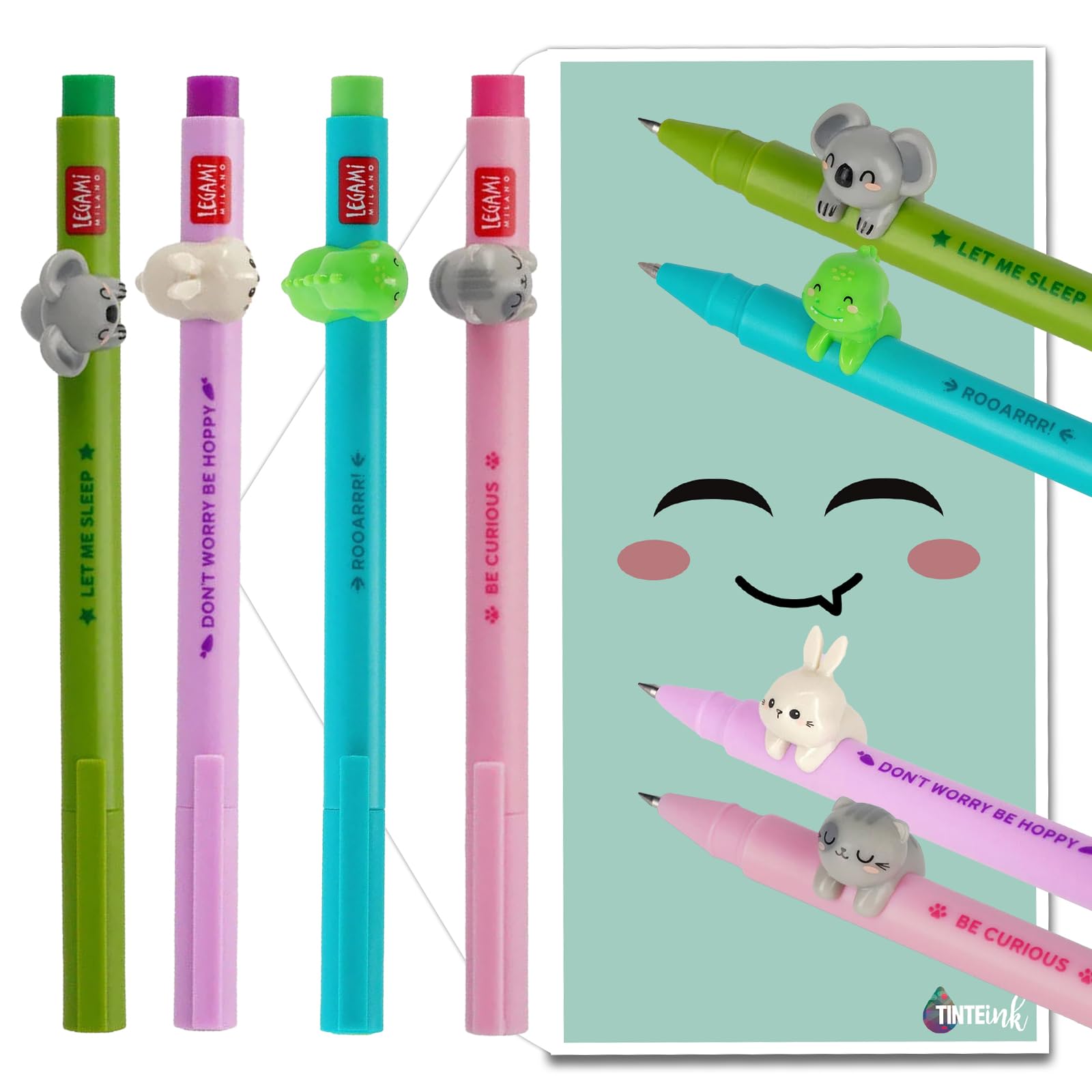 Legami Lovely Friends Gel Pens Choose 4 Set Including Gift Envelope! - Choose Cute Design! (Kitty, Koala, Dino & Bunny Set)