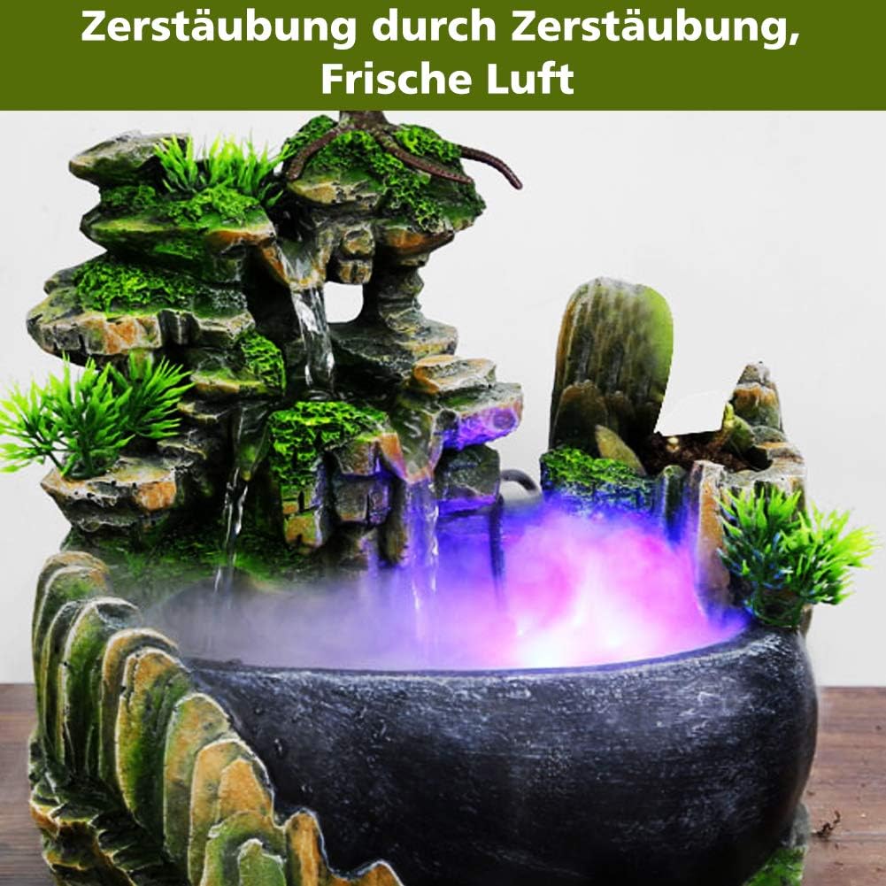 Zimmerbrunnen Tischbrunnen LED Springbrunnen mit Pflanzen Wasserfall Zimmer Brunnen aus Polyresin mit Pumpe Wasserbrunnen Water Fountain für Zimmer Terrarium