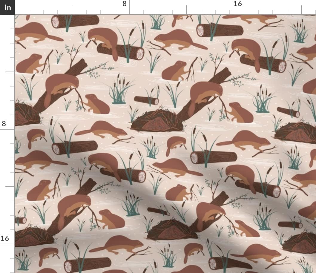 Spoonflower Fabric - Animal Family Canada Team Wetland Lodge Beavers Beige Printed on Petal Signature Cotton Fabric by The Yard - Sewing Quilting Apparel Crafts Decor