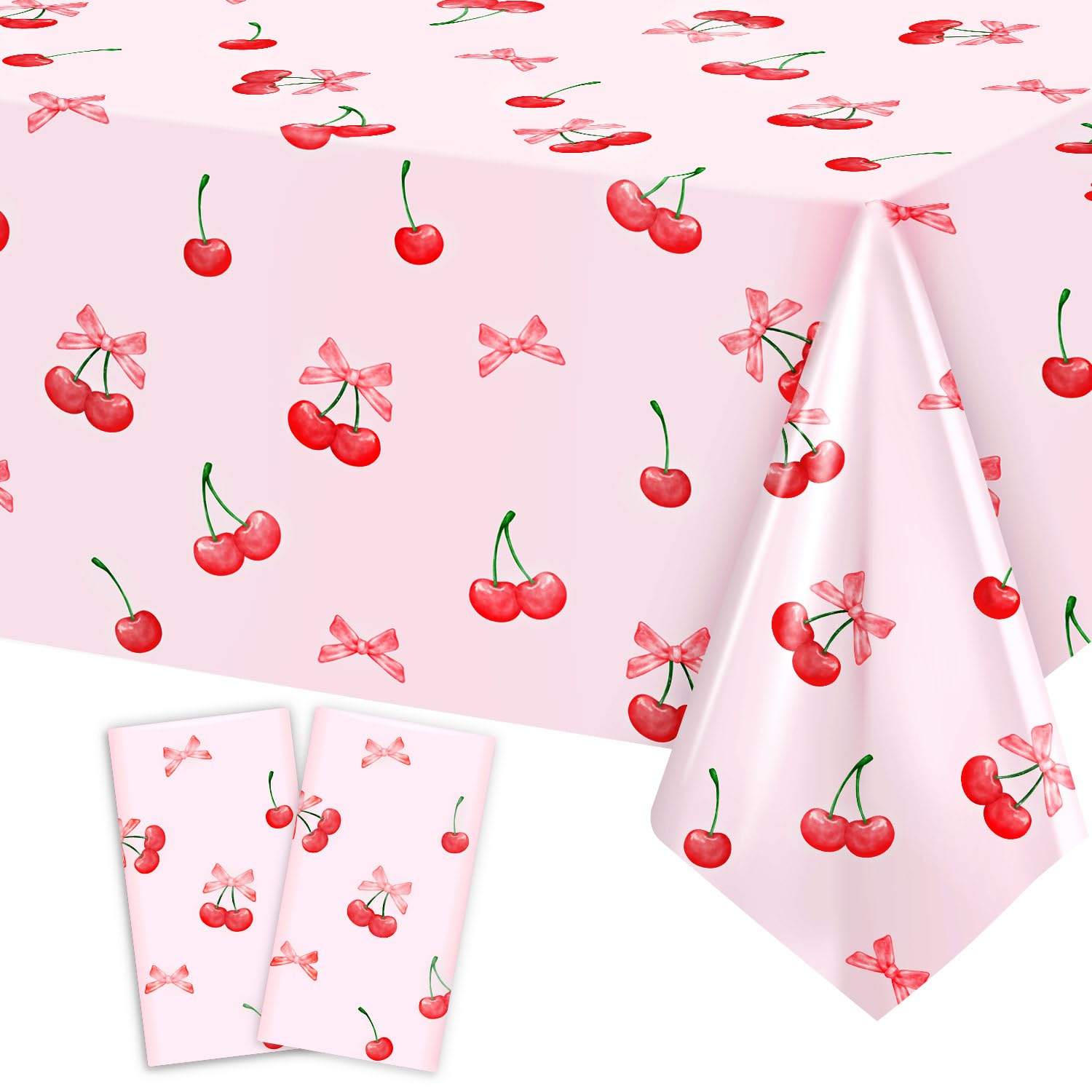 Heboland 2 Pack Cherry Party Table Cloth, 137 x 274cm Disposable Coquette Pink Bows & Cherry Decorations Tablecloth for Baby Shower, Summer Fruit Afternoon Tea Birthday Party Supplies