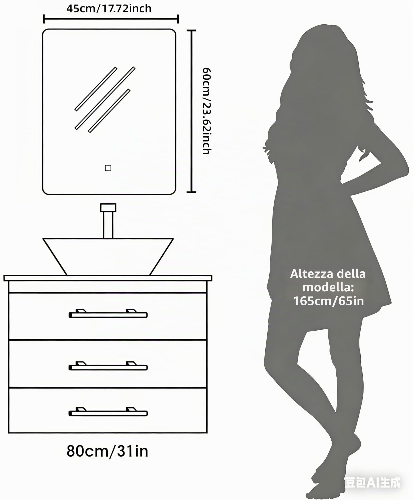 Specchio da parete per bagno, con illuminazione, specchio con luce LED, interruttore touch e 3 colori dimmerabili (60 L x 45 B)