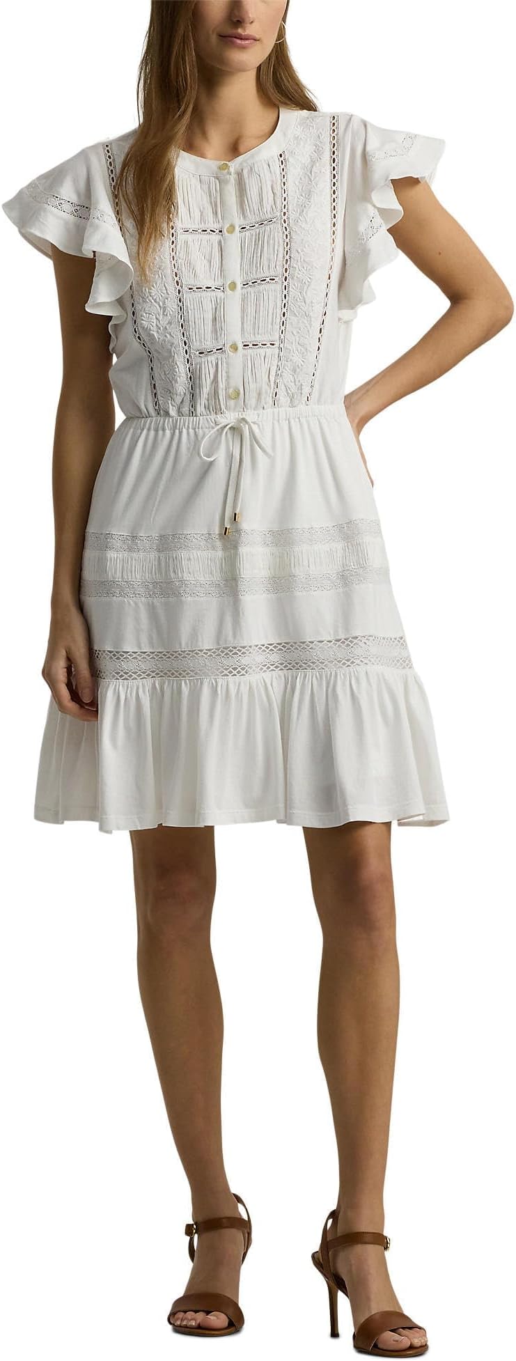 Lace-Trim Jersey Flutter-Sleeve Dress