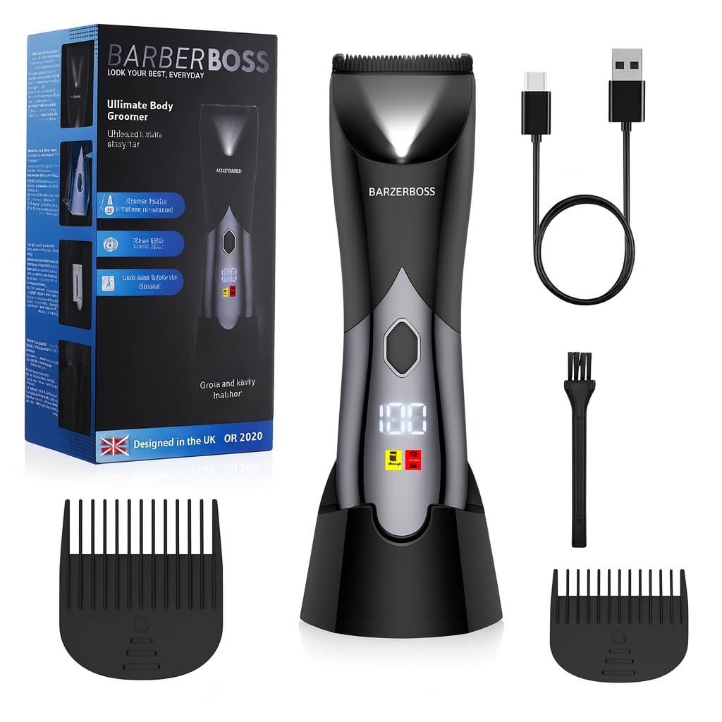 BarberBoss Afeitadora corporal, recortadora de barba y afeitadora eléctrica en seco/húmedo para hombre BarberBoss, ideal para pecho, ingles y zonas íntimas, Diseño resistente agua con doble velocidad