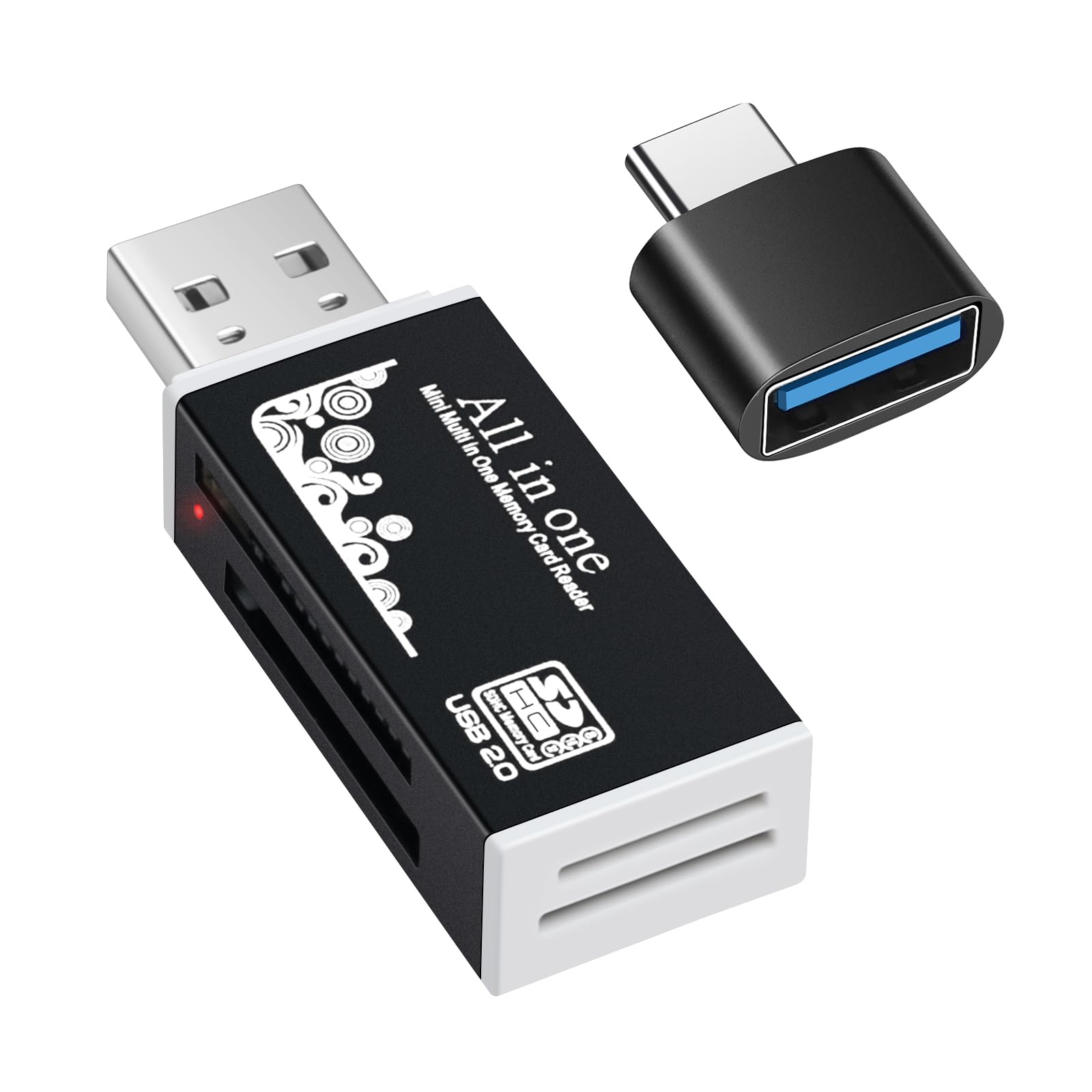 USB Memory Card Reader, BORLTER CLAMP USB Card Reader for Computer with Type C Adapter, Supports TF, SD, MMC Cards.