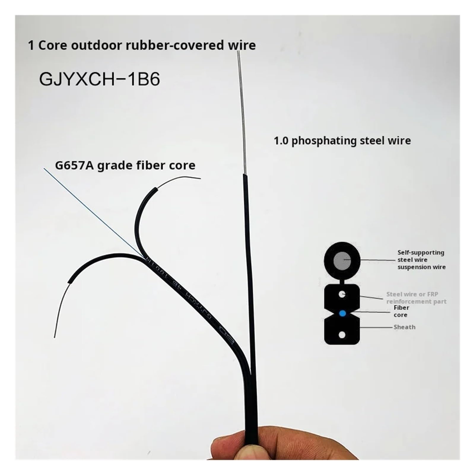 Câble de chute en fibre optique d'extérieur, cordon de raccordement en fibre optique, 1/2/4 cœurs, 3 acier, mode unique, sans connecteur, 50 m (1 conducteur noir)
