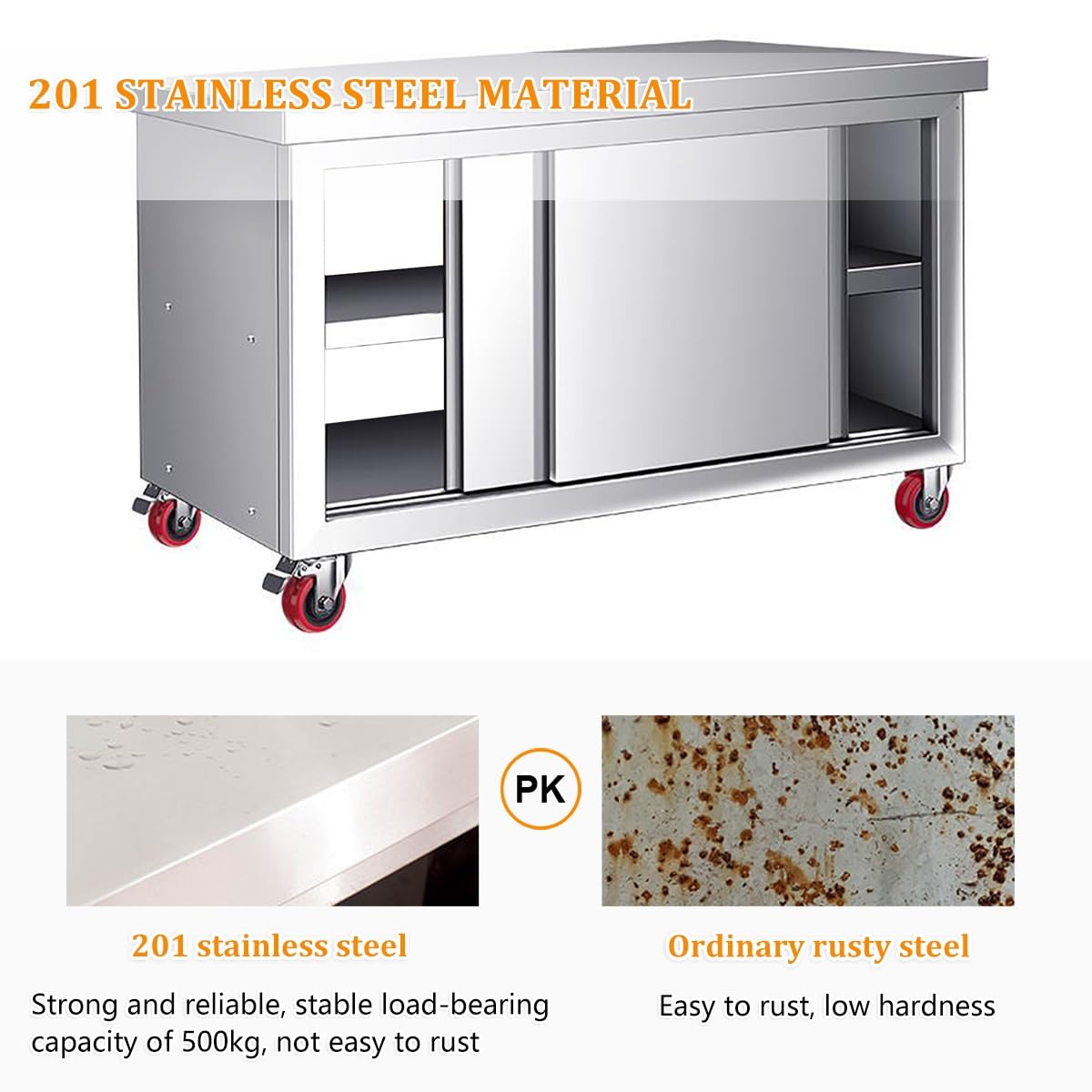 Mesa de trabajo de acero inoxidable con puertas dobles correderas y almacenamiento, mesa de preparación resistente con ruedas para cocina comercial, restaurante y garaje