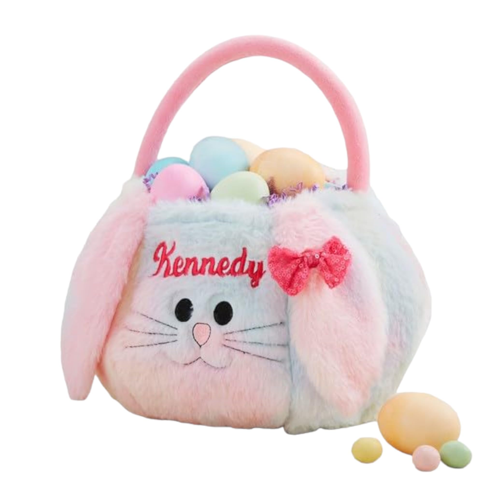 Personalization Universe Rainbow Bunny Embroidered Easter Treat Bag - Perfect for Easter Basket Stuffers, Ideal for Egg Hunts, Personalized with Any Name