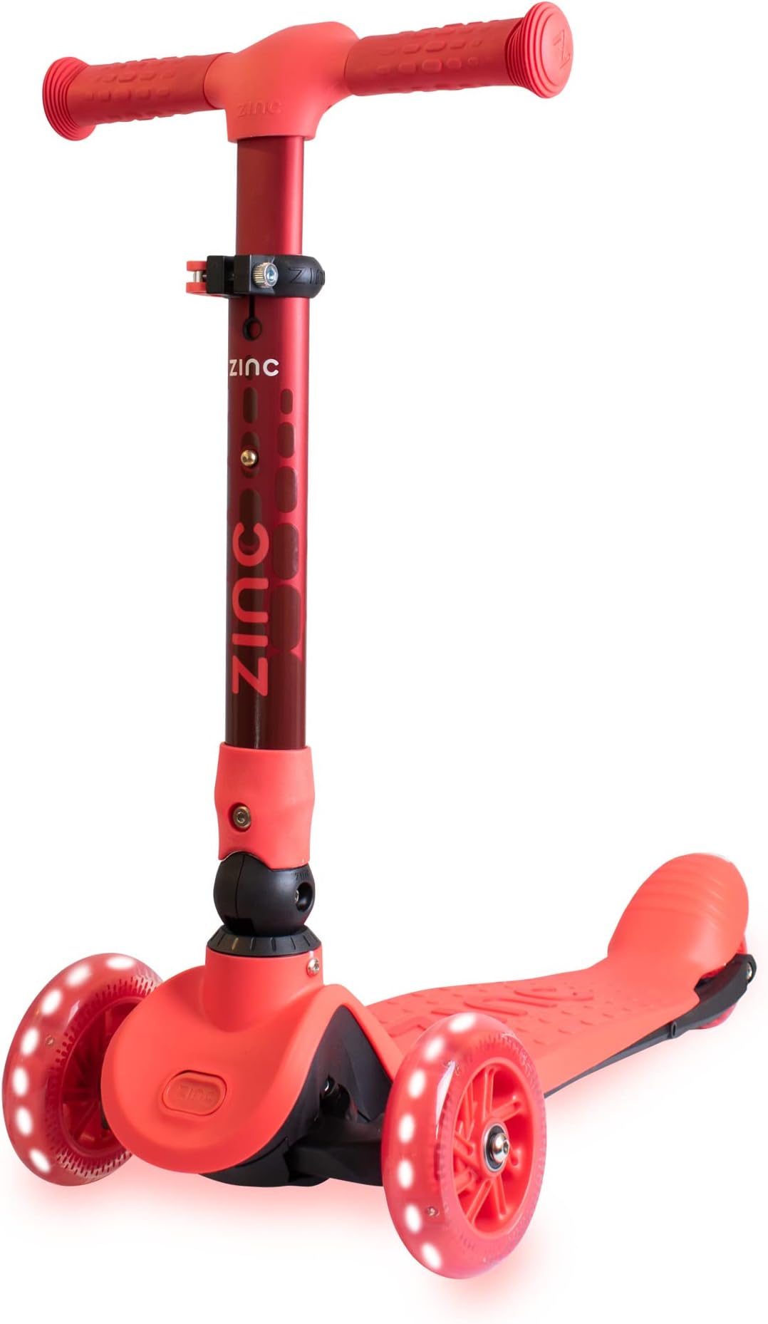 ZincFlyte Premium Three Wheeled Folding Scooter - Maple Red, Foldable Kick Scooter with Light Up Wheels and Adjustable Height for Girls and Boys Ages 3+